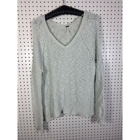 FREE PEOPLE Songbird Nubby Knit V-Neck Sweater Mint Green Size L - Picture 1 of 3